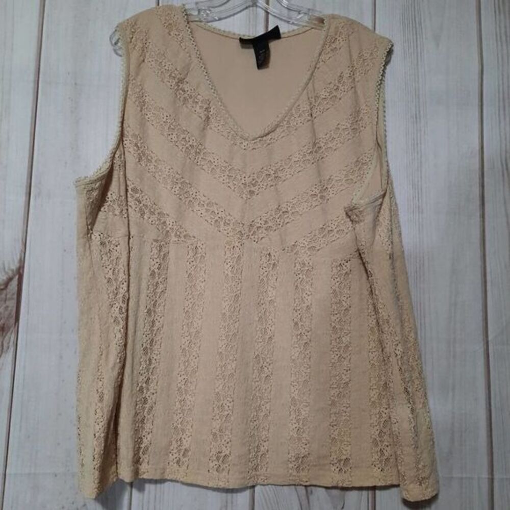 Venezia Women Beige Lace‎ V-Neck Sleeveless Tank Top Plus Size 26/28 Made in USA